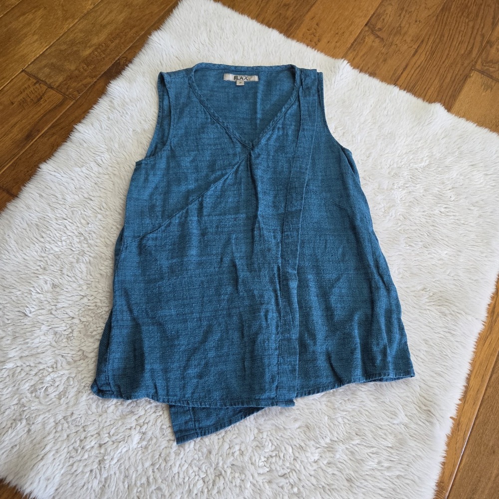 Flax 100% Linen Sleeveless Tunic Top Shirt Women's P / 4-6 Blue Open Front
